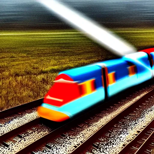 Image similar to A digital art of an Indian train flying through the sky with magical jet turbines, but as a photograph