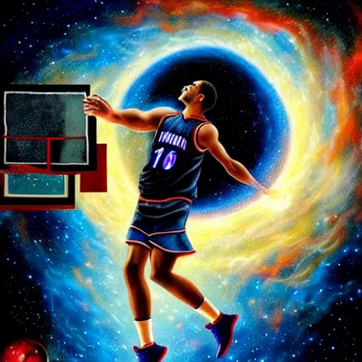 Image similar to cosmic basketball player dunking a basketball hoop in a nebula, an oil painting, by ( leonardo da vinci ) and greg rutkowski and rafal olbinski and ross tran, award - winning magazine cover