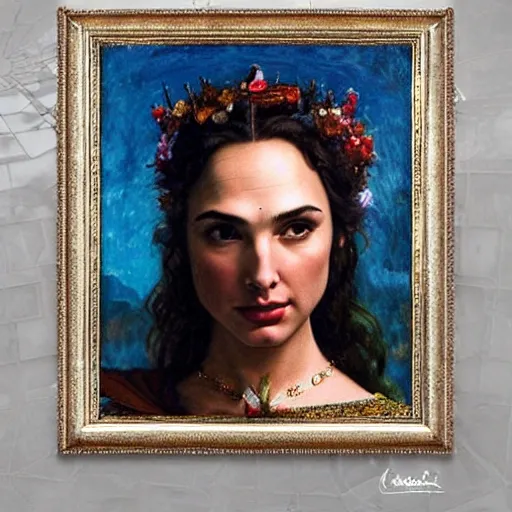 Prompt: Head and shoulders masterpiece portrait oil painting of the beautiful goddess Gal Gadot as Persephone, she is wearing roman clothes and a surreal jewelry, her hair is natural disheveled, she is approaching heaven over the clouds, naturalism, dramatic lighting, high-detailed oil painting by Ilya Repin, Michelangelo da Caravaggio, William Blake, Alex Grey and Beksinski, trending on Artsation, hystorical painting, naturalism, masterpiece, 4k, 8k,