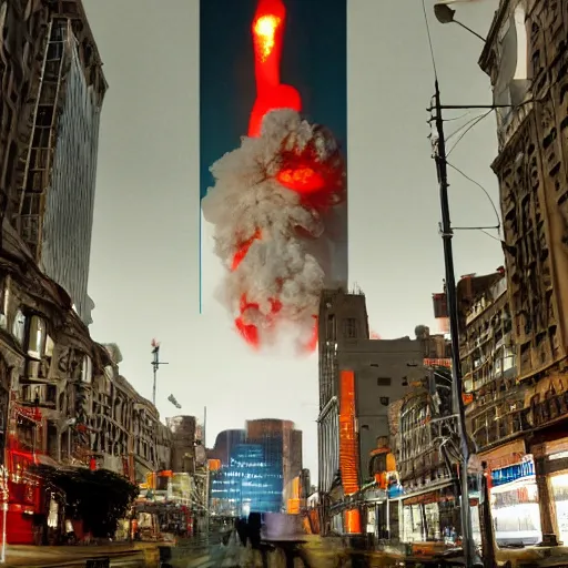 Image similar to centered action photography shot of extremely detailed hyper realistic thermonuclear bomb explosion in a city, professional film photography, 8 k, cinematic framing, cinematic lighting