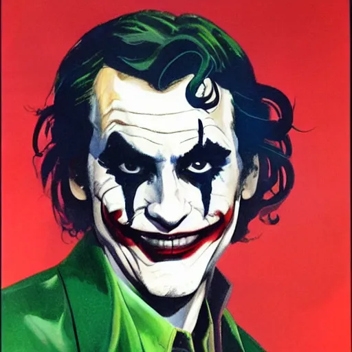 Prompt: photorealistic picture, comic cover by bob peak and alex ross about joaquin phoenix joker, gouache and wash paints, fine details, fine intricate, fine facial proportionate, fine body proportionate, smooth sharp focus, sharp focus