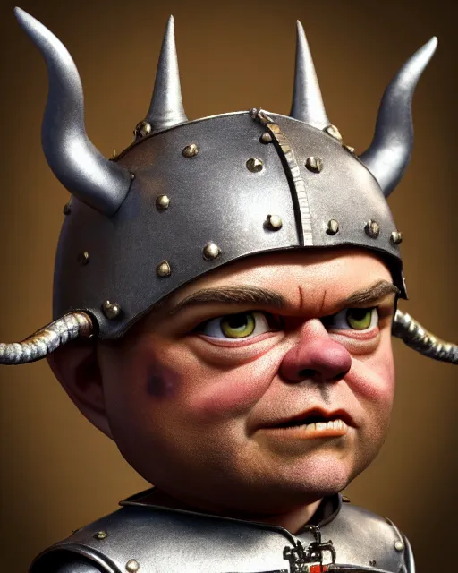 Image similar to highly detailed closeup, face profile portrait of a tin toy matt damon as a medieval demon with horns eating cakes in a castle, hyper realistic, artstation, illustration, nicoletta ceccoli, mark ryden, lostfish, dan decarlo, bob clampett, max fleischer, digital paint, matte paint, vivid colors, detailed and intricate environment