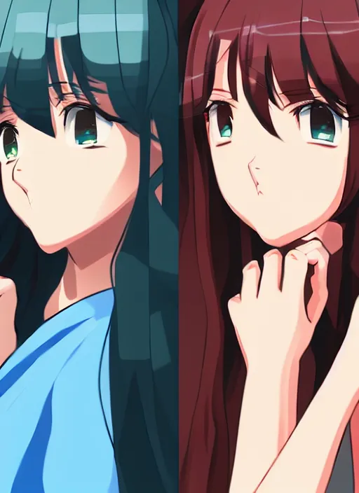 Prompt: two beautiful mothers standing face to face taunting each other, gorgeous faces, smooth thick lines, cinematic lighting, detailed anime art