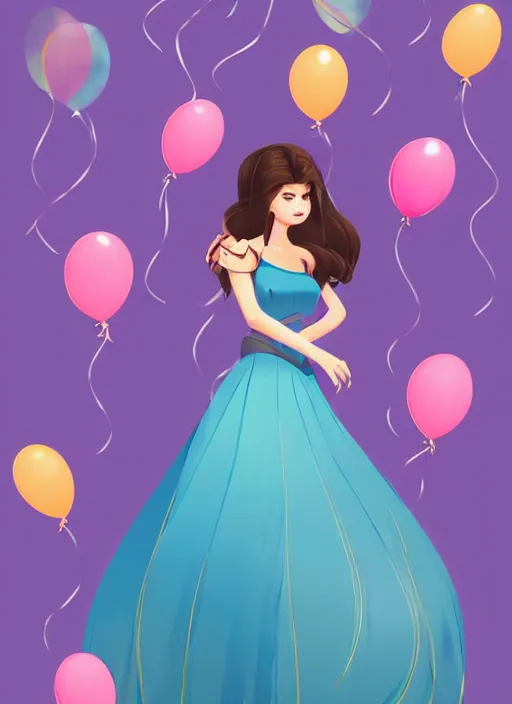 Image similar to woman resembling selena gomez dressed as a disney princess. balloons. clean cel shaded vector art. shutterstock. behance hd by lois van baarle, artgerm, helen huang, by makoto shinkai and ilya kuvshinov, rossdraws, illustration,