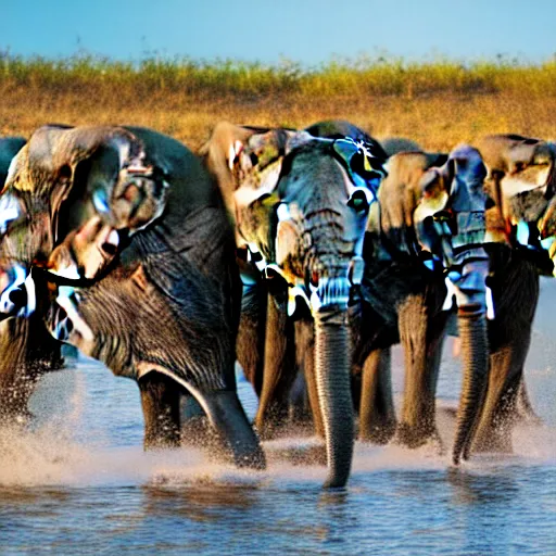 Prompt: a group of African elephants drinking out of an oasis. Instead of land, they are on a person's belly. The belly is surrounded by water. Golden hour