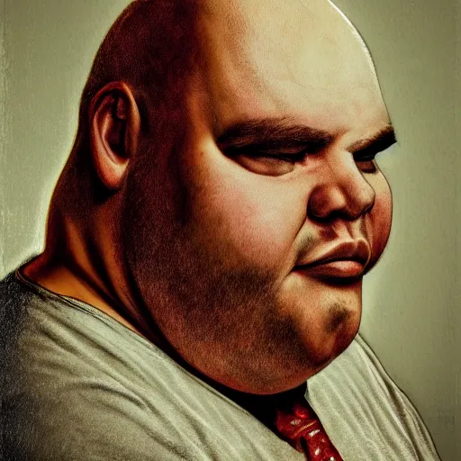 Prompt: a highly detailed portrait of a balding obese man with horrible skin wearing a dirty shirt, 8 k, 4 k, highly detailed, sharp