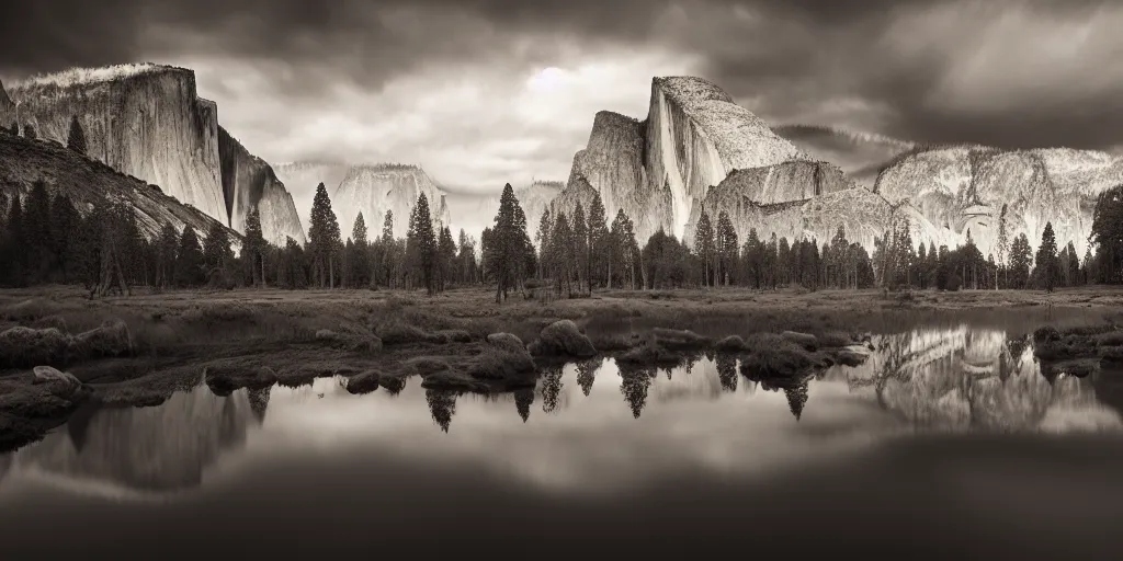 Prompt: award winning landscape photography of yosemite national park by andy lee, beautiful light, moody, dramatic lighting, clouds, rule of thirds, golden ratio
