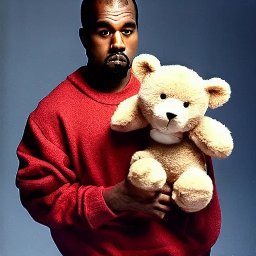 Prompt: Kanye West holding a teddy bear for a 1990s sitcom tv show, Studio Photograph, portrait C 12.0