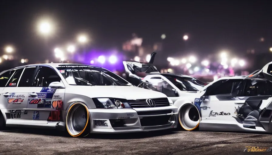 Prompt: Car Passat B5.5 with rockets drifting on a car meet at night, realistic, DSLR, detailed