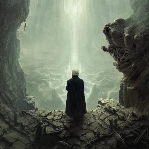 Image similar to distant shot from above painting of an old man in sorrow, staring at the underworld, ultra realistic, concept art, intricate details, eerie, highly detailed, photorealistic, octane render, 8 k, unreal engine. art by artgerm and greg rutkowski and alphonse mucha