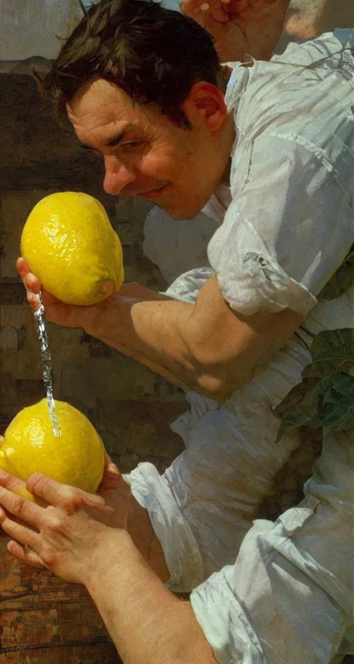 Image similar to close up of a person squeezing lemon for lemonade, sun shining, photo realistic illustration by greg rutkowski, thomas kindkade, alphonse mucha, loish, norman rockwell.