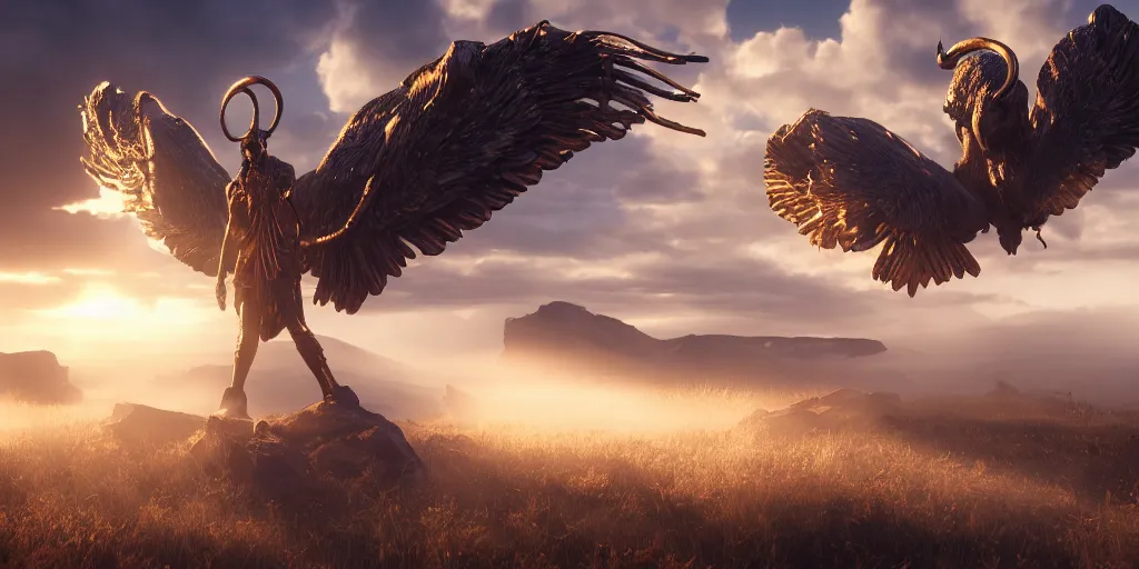 Image similar to bird wings, gold ram horns, copper goat skulls, grand imposing powerful sculpture. swirls of mist. sunrise, intense light beams, lens flare. occult photorealism, uhd, amazing depth, volumetric lighting, cinematic lighting. epic landscape.