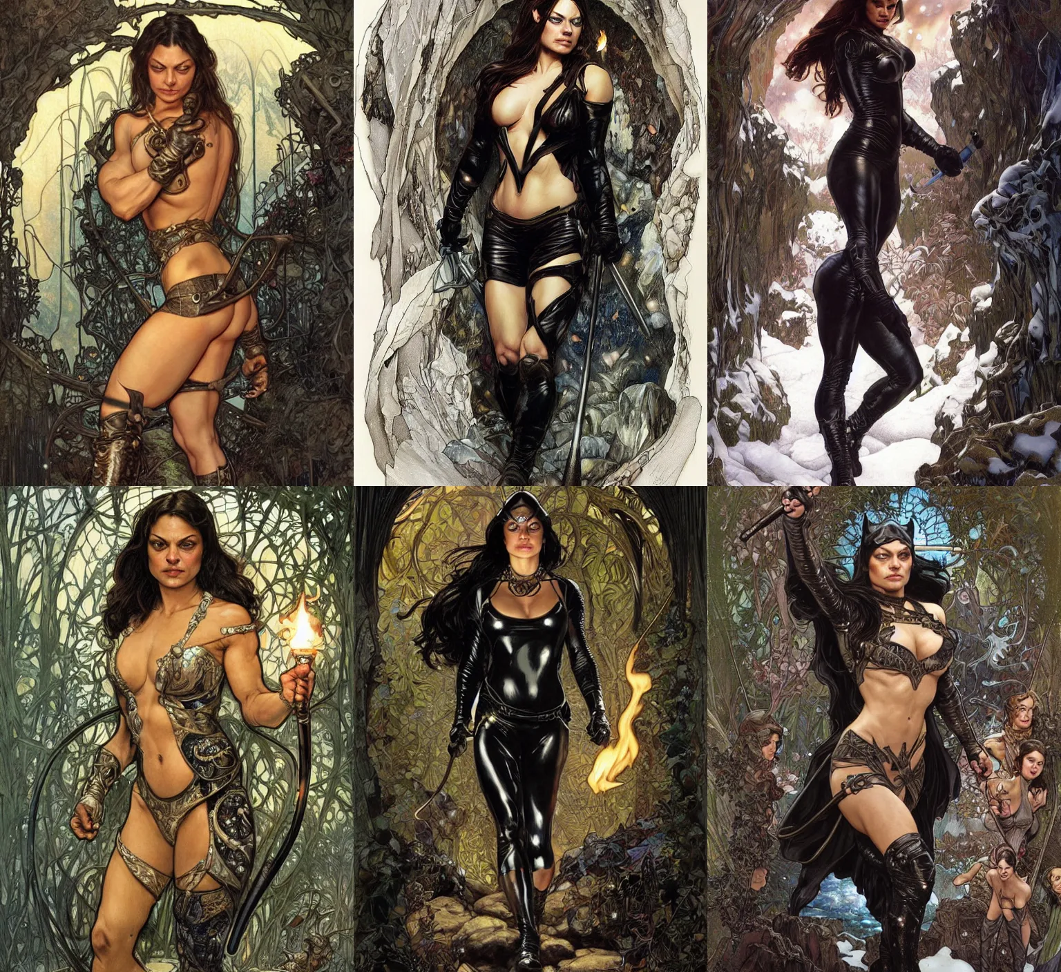 Prompt: epic muscled Mila Kunis as Catwoman walking out of a deep dark cave, snowy winter, fireflies, torches, fantasy, intricate, elegant, highly detailed, tasteful art by artgerm and donato giancola and alphonse mucha, WLOP