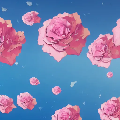 Image similar to background art of spaciously scattered flower petals flowing and floating through the blowing swirling directional wind from left to right on a simple cloudy sky background, big puffy clouds, large individual rose petals, angular background elements, polygonal fragments, anime, artgerm, manga, trending on artstation, art nouveau, mature color scheme