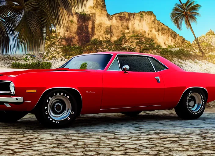 Prompt: hyperrealism, detailed textures, photorealistic 3 d render, a dreamy beach in cuba, a 1 9 6 9 hemi cuda with cherry red colour scheme, sharp focus, ultra realistic, ultra high pixel detail, cinematic, intricate, cinematic light, concept art, illustration, art station, unreal engine 8 k