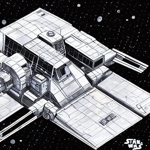 Prompt: isometric view of a star wars space station in space, pencil sketch, concept art, digital art