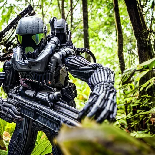 Image similar to close up Crysis Nanosuit shooting at enemies in a devastated burning exploding jungle combat photography 2022, Canon EOS R3, f/1.4, ISO 200, 1/160s, 8K, RAW, unedited, in-frame,