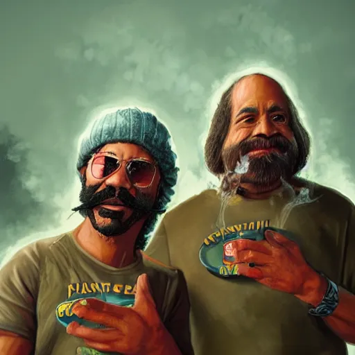 Image similar to portrait of cheech and chong, concept art, artstation, highly detailed, up in smoke, cinematic smoke background,