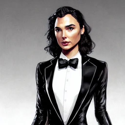 Image similar to gal gadot as james bond wearing a tuxedo, portrait, highly detailed, digital painting, artstation, concept art, sharp focus, illustration, art by artgerm and greg rutkowski and alphonse mucha