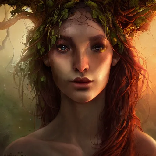 Prompt: cinematic portrait of a dryad, inspired by brian froud, inspired by dungeons and dragons, mysterious, in an evening autumn forest, trending on art station, sunset evening lighting, ominous shadows by jessica rossier