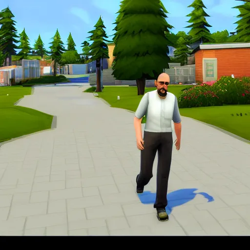 Prompt: videogame screenshot of walter white walking to work in the sims 4, realistic face