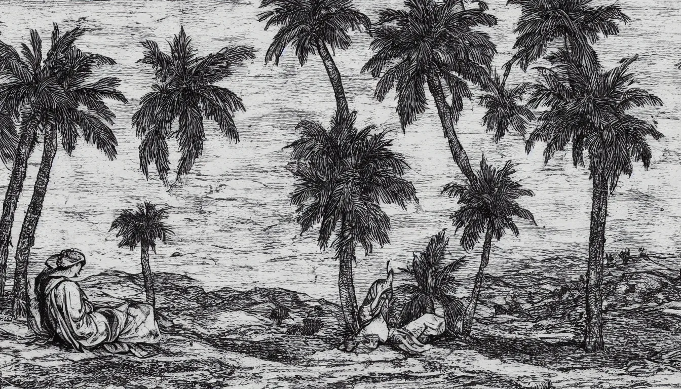 Image similar to a person sits on a large hill while wind blows the palm trees, pen and ink, 1 5 0 0 s, 8 k resolution