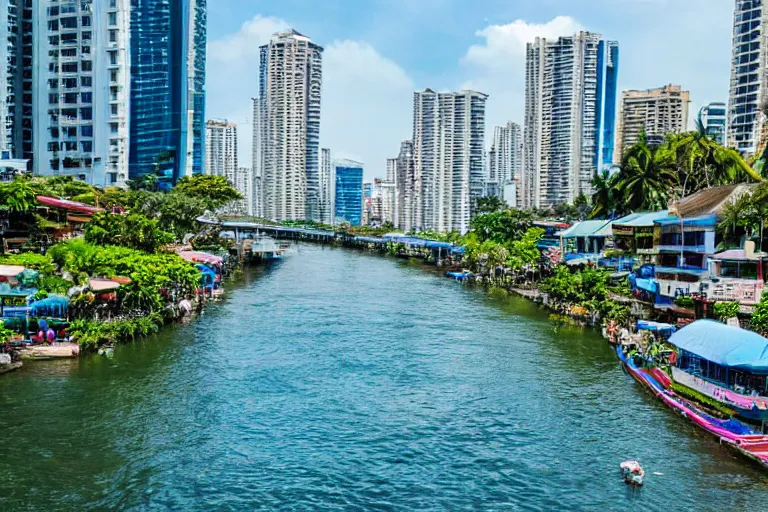 Image similar to photo of a very clean pasig river in the philippines with crystal clear blue water like boracay, high definition, tourism media