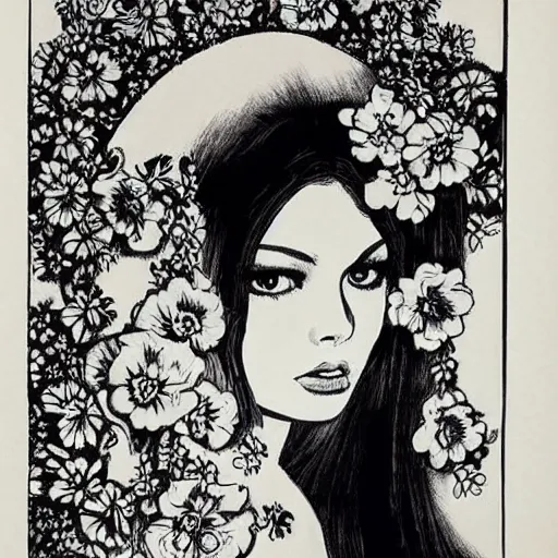 Image similar to 1 9 6 0 s drawing symmetrical pretty elegant brigitte bardot as a vampire with alain delon, very detailed intricate intaglio, style of takato yamamoto!!! lots of flowers