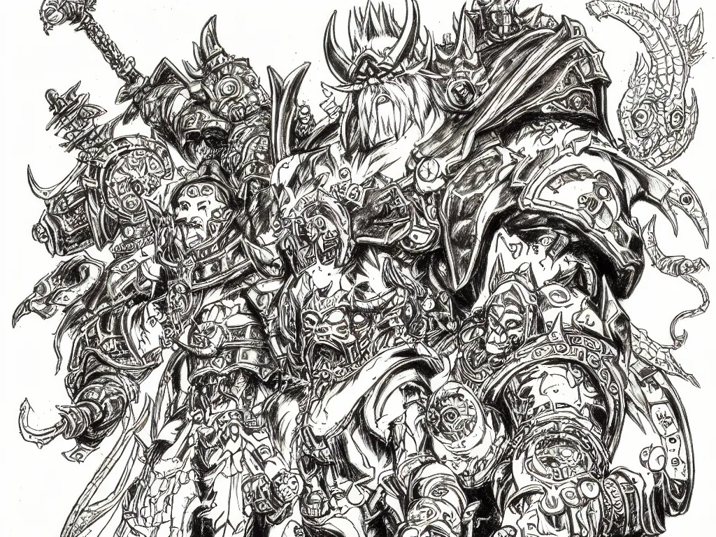 Prompt: prompt: World of Warcraft character portrait drawn by Katsuhiro Otomo, on the sides alchemical artifacts and mysterious entities attributes and trinkets, clean ink detailed line drawing, intricate detail, manga 1990