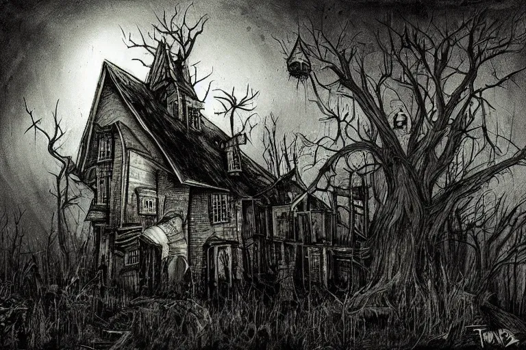 Image similar to mad horror painting of a futuristic witch house in the woods by ben templesmith