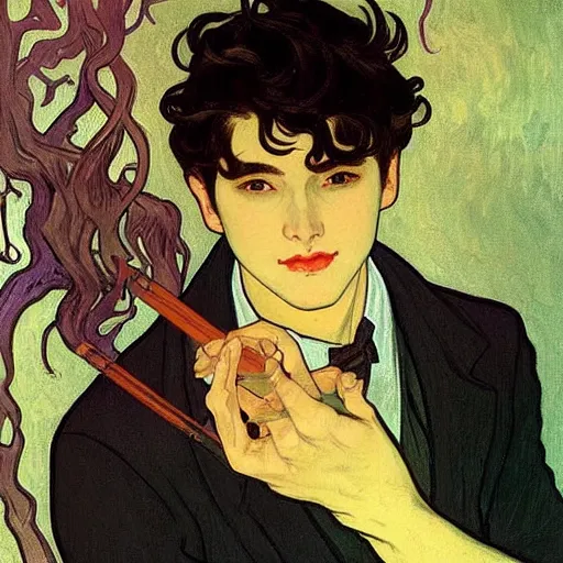 Image similar to painting of young cute handsome beautiful dark medium wavy hair man in his 2 0 s named shadow taehyung and cute handsome beautiful min - jun together at the halloween! party, bubbling cauldron!, candles!, smoke, autumn! colors, elegant, wearing suits!, delicate facial features, art by alphonse mucha, vincent van gogh, egon schiele