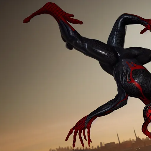 Image similar to a single venom and spider - man hybrid, dslr, cinematic, volumetric lighting, 8 k resolution, photorealistic