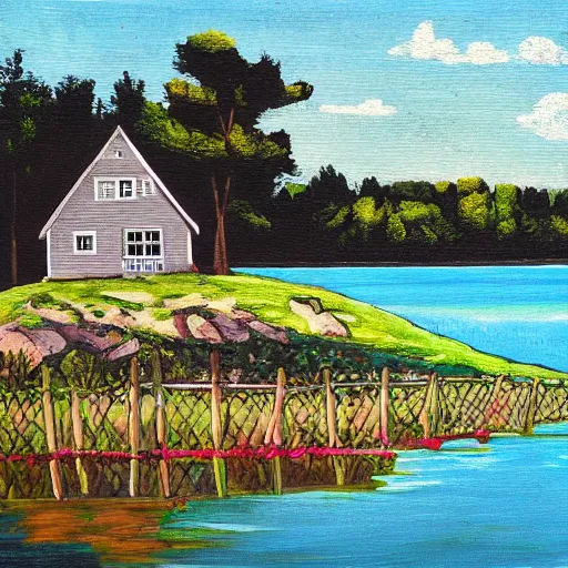 Image similar to painting of a house by a lake