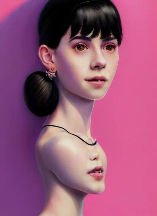 Image similar to portrait of teenage girl, realistic, black hair, bangs, half updo hairstyle, pointy nose, skinny, smile, ugly, defined jawline, big chin, pink hair bow, earrings, intricate, elegant, glowing lights, highly detailed, digital painting, artstation, sharp focus, illustration, art by wlop, mars ravelo and greg rutkowski