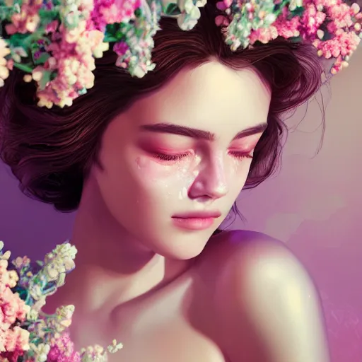 Prompt: portrait of the most beautiful woman surrounded by soft florals, vaporwave lighting, dewy skin, concept art, high detail, beautiful, dreamy, blender