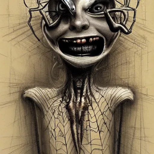 Image similar to surrealism grunge cartoon sketch of a human spider hybrid with a wide smile by - michael karcz, loony toons style, horror theme, detailed, elegant, intricate