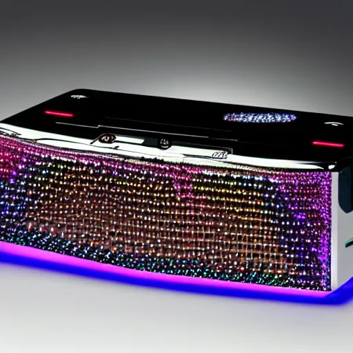 Prompt: a sega megadrive console made of swarovski crystal specular highlights