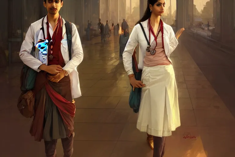 Prompt: Anxious good looking pale young Indian doctors wearing skirts and shirts at the airport, portrait, elegant, intricate, digital painting, artstation, concept art, smooth, sharp focus, illustration, art by artgerm and greg rutkowski and alphonse mucha