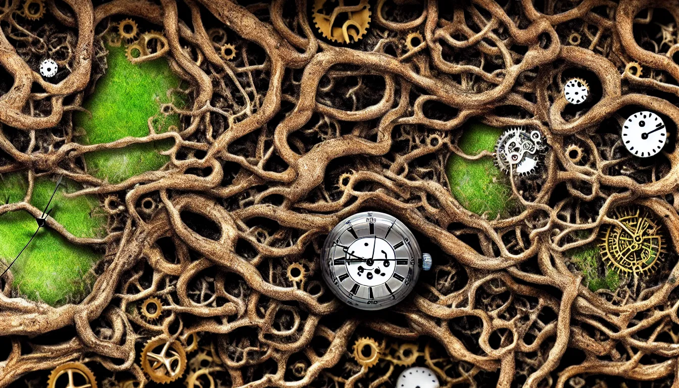 Image similar to detailed view from inside wet ink a clockwork watch landscape, entangled roots covered in mushrooms, cracked earth, living spore microorganisms, decaying, rusty, hyper realistic photo, full colour, upscale, 8 k