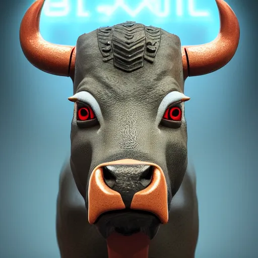 Prompt: a bull android modeled after a bull looking into the camera, android, cyborg, half body, intricate, 3 d, hyper realism, fantasy, depth of field, octane render, symmetrical, highly detailed, digital art, artstation, concept art, cinematic lighting, trending