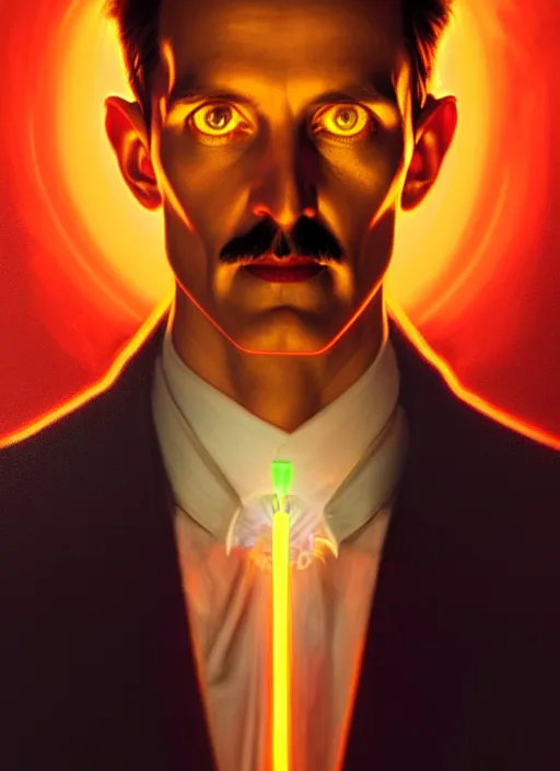 Image similar to symmetry!! portrait of nikola tesla male, chemisty, sci - fi, glowing lights!! intricate, elegant, highly detailed, digital painting, artstation, concept art, smooth, sharp focus, illustration, art by artgerm and greg rutkowski and alphonse mucha, 8 k