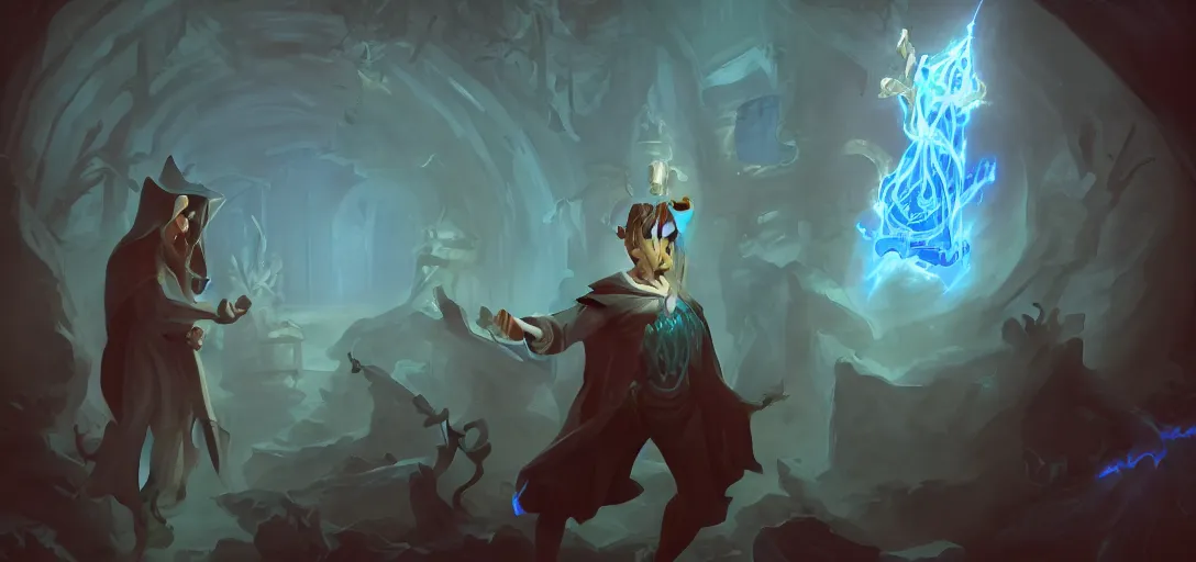 Image similar to 'stylized D&D wizard character, handsome young necromancer casting a spell to reanimate a corpse inside a dungeon chamber with eerie blue lighting'