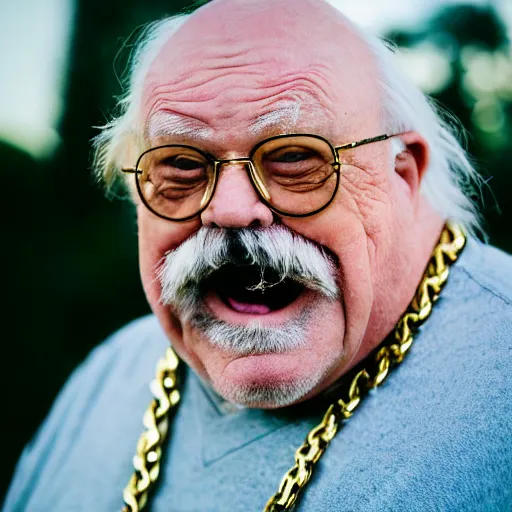 Image similar to dslr portrait photo still of!!! wilfred brimley!!! as a gangsta rapper with gold chains and gold teeth grills growling at camera and!!! showing his teeth!!!, 8 k, 8 5 mm f 1. 8