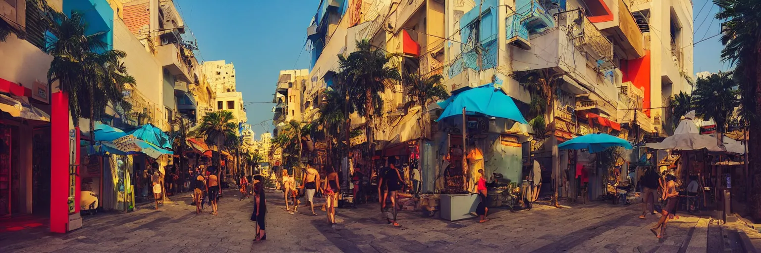 Image similar to the streets of tel aviv, israel, summer, morning, vivid colors, neon, art by gregory crewdson and artgerm and wlop and william - adolphe bouguereau