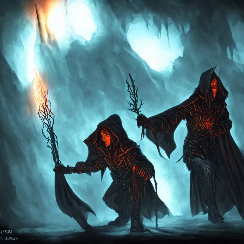 Image similar to a WOTC DnD archmage wizard, spellcasting fire magic spell, sinister dungeon scene, high contrast, cinematic ambient lighting, fantasy LOTR matte painting illustration