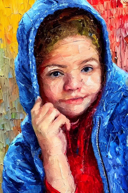 Prompt: palette knife oil painting portrait of nellie, a small figured young woman in her 2 0 s, dressed like a country bumpkin : jeans, boots, a pointy bright red hoodie. extreme detail, artstation trending, artgerm, any racial background, deviant art, octane, substance, art history 8 k