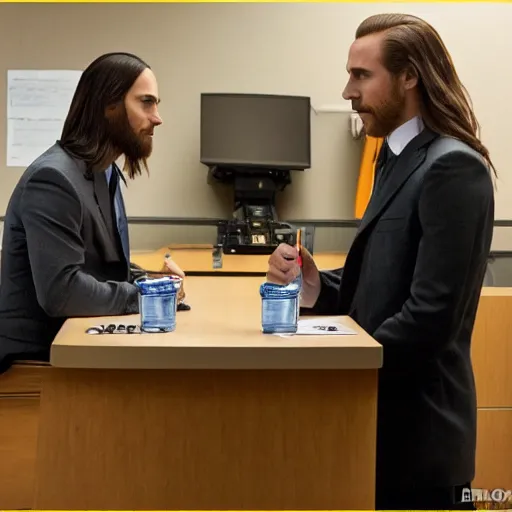 Prompt: jared leto meeting saul goodman in an interrogation room