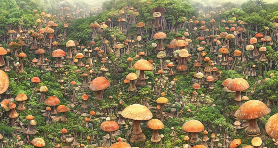 Prompt: A tribal village in a forest of giant mushrooms, by Yoshitaka Amano,