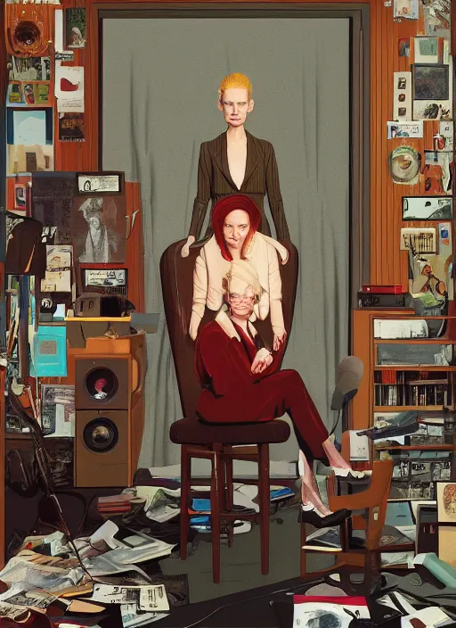 Image similar to Twin Peaks poster artwork by Michael Whelan, Bob Larkin and Tomer Hanuka, Karol Bak of portrait of radio host Tilda Swinton hanging out in her studio radio sound booth, from scene from Twin Peaks, simple illustration, domestic, nostalgic, from scene from Twin Peaks, clean