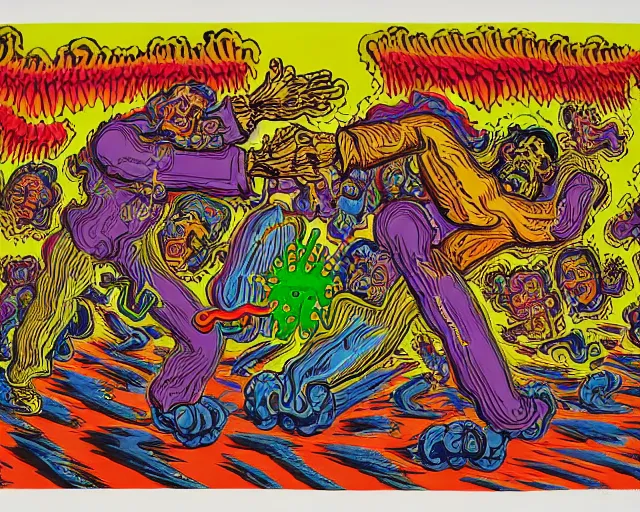 Image similar to two angels fighting each other painted by Peter Saul, Robert Crumb, Philip Guston, Joakim Ojanen, outsider art, very coherent symmetrical, 8k, extreme detail, intricate detail, masterpiece